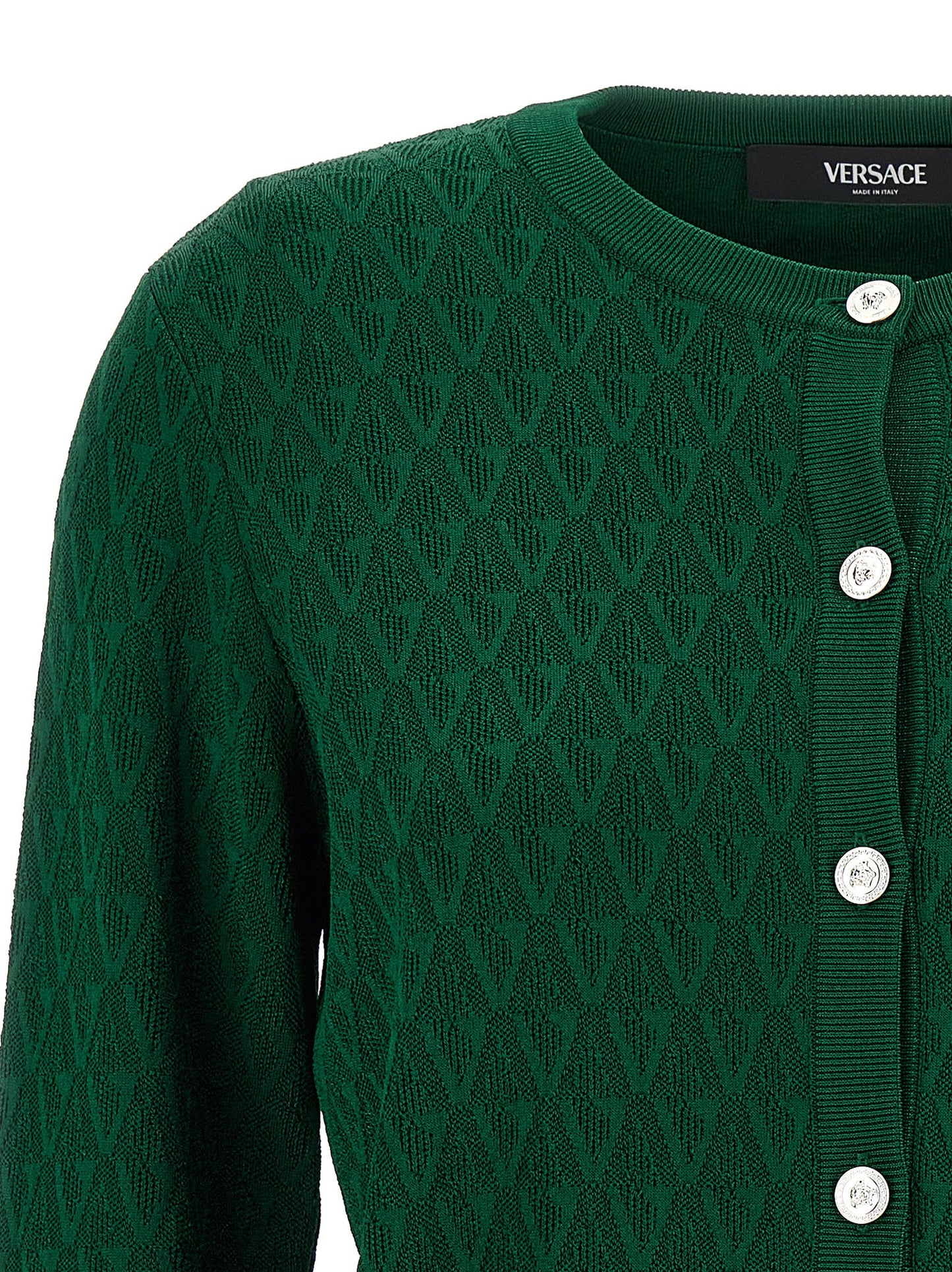 Cardigan by Versace for women in viscose & nylon bicolour, green, patterned & jacquard features a dramatic silhouette, showcasing a sophisticated crew neckline and dramatic detail for a timeless, premium look.
