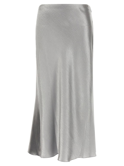 Skirt by Tory Burch for women in silk polyester satin gray features a captivating silhouette, showcasing the captivating Women's Flared Silk Polyester Satin Midi Skirt design with a sophisticated midi for a captivating look.