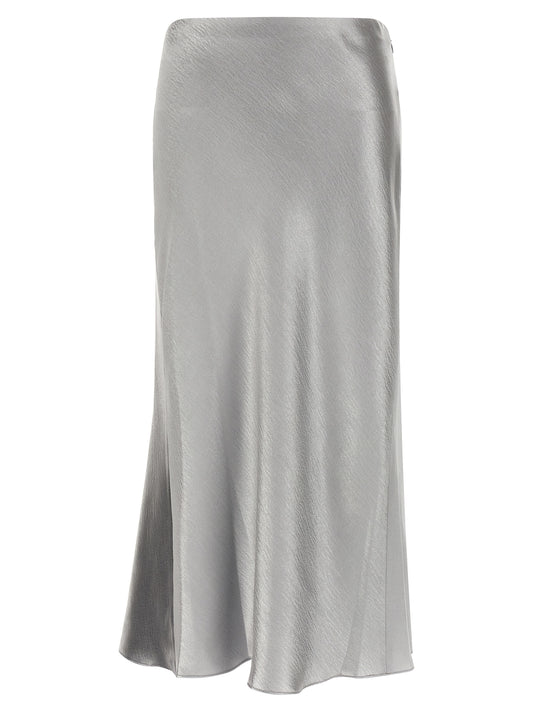 Skirt by Tory Burch for women in silk polyester satin gray features a captivating silhouette, showcasing the captivating Women's Flared Silk Polyester Satin Midi Skirt design with a sophisticated midi for a captivating look.