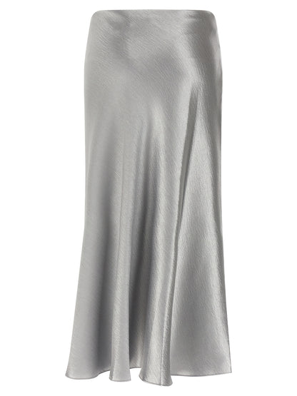 Skirt by Tory Burch for women in silk polyester satin gray features an tailored silhouette, artfully capturing the essence of Women's Flared Silk Polyester Satin Midi Skirt in a sophisticated midi.
