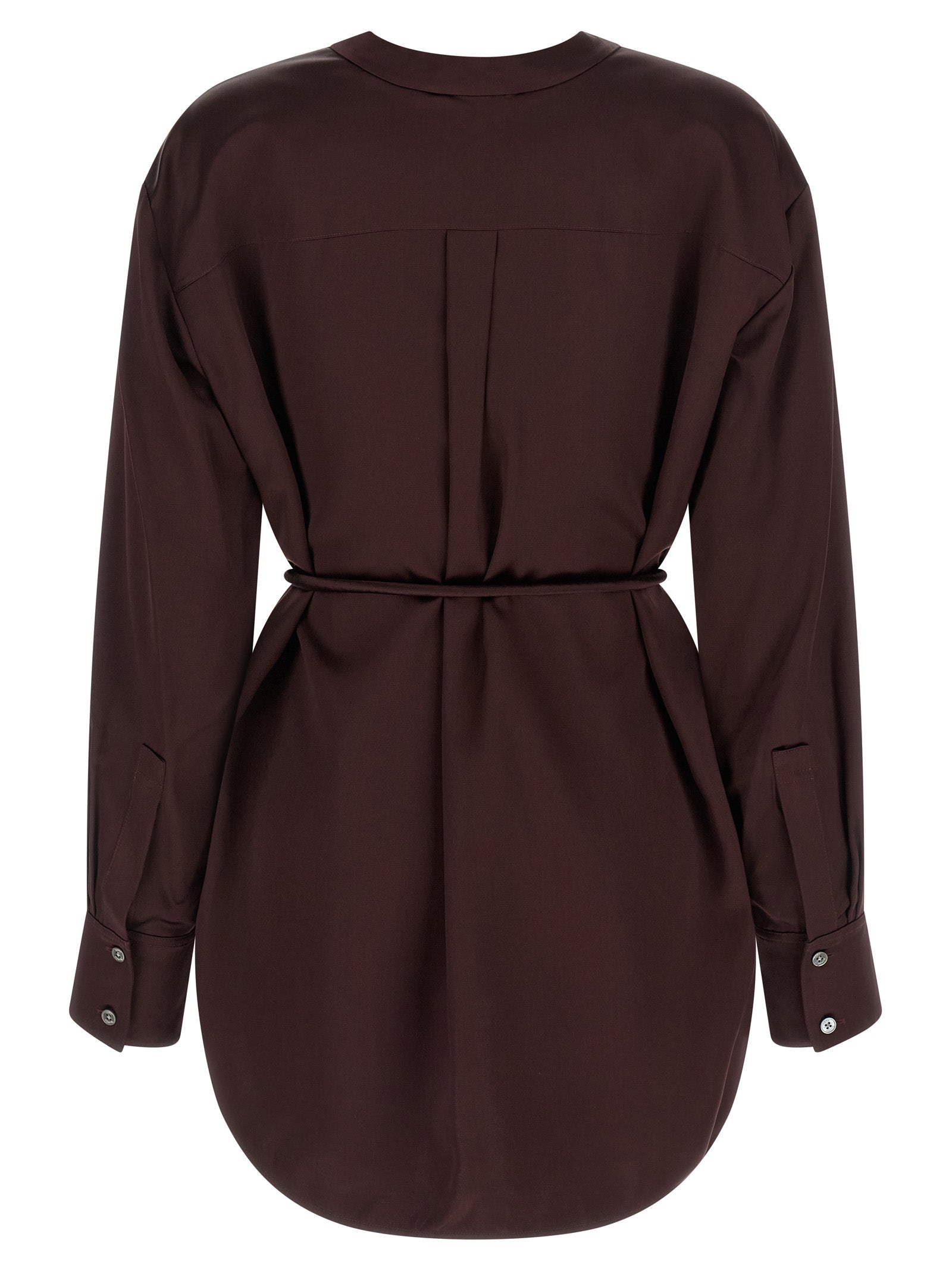 Blouse by Tory Burch for women in satin viscose bordeaux features an architectural silhouette with a refined and elegant v-neck asymmetric neckline for a architectural look.
