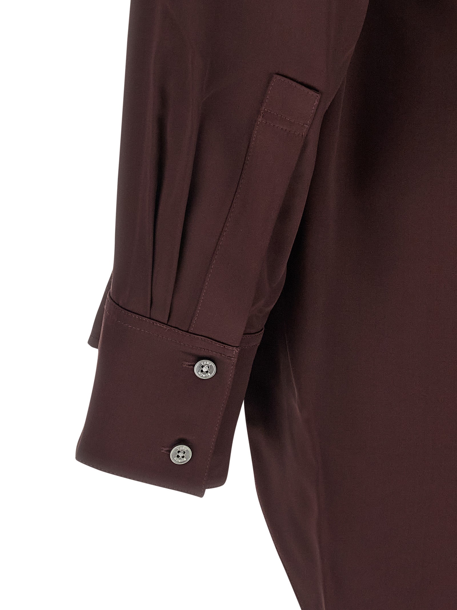 Blouse by Tory Burch for women in satin viscose bordeaux showcases a sleek silhouette, elegantly detailed with a sleek and for a sleek finish.