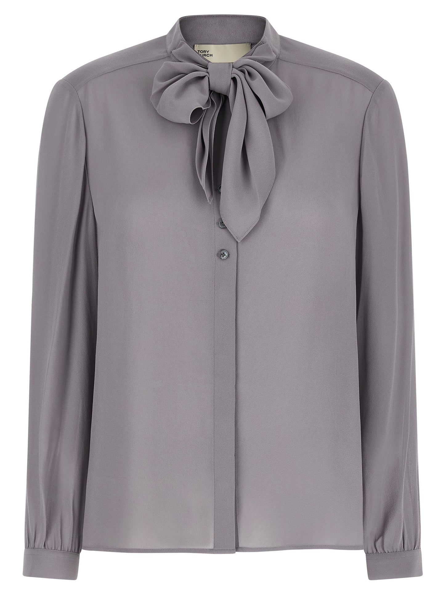 Blouse by Tory Burch for women in viscose gray features an polished silhouette, showcasing a sophisticated mandarin neckline and detail for a truly polished finish.