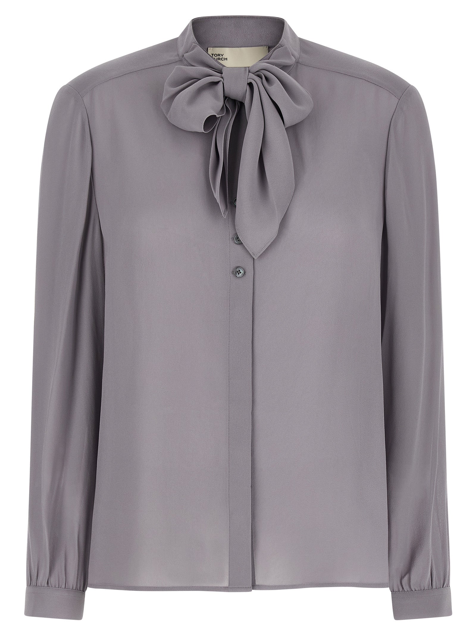Blouse by Tory Burch for women in viscose gray features an polished silhouette, showcasing a sophisticated mandarin neckline and detail for a truly polished finish.