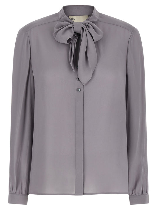 Blouse by Tory Burch for women in viscose gray features an polished silhouette, showcasing a sophisticated mandarin neckline and detail for a truly polished finish.