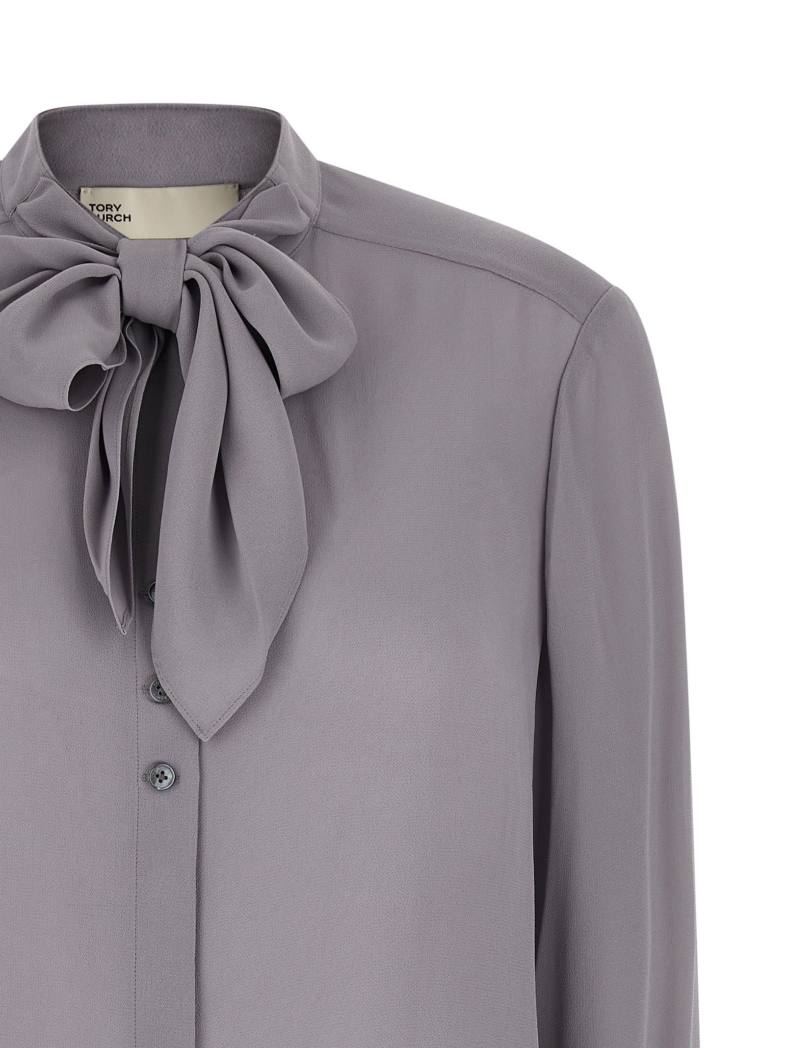 Blouse by Tory Burch for women in viscose gray features an architectural silhouette with a refined and elegant mandarin neckline for a architectural look.