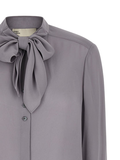 Blouse by Tory Burch for women in viscose gray features an architectural silhouette with a refined and elegant mandarin neckline for a architectural look.
