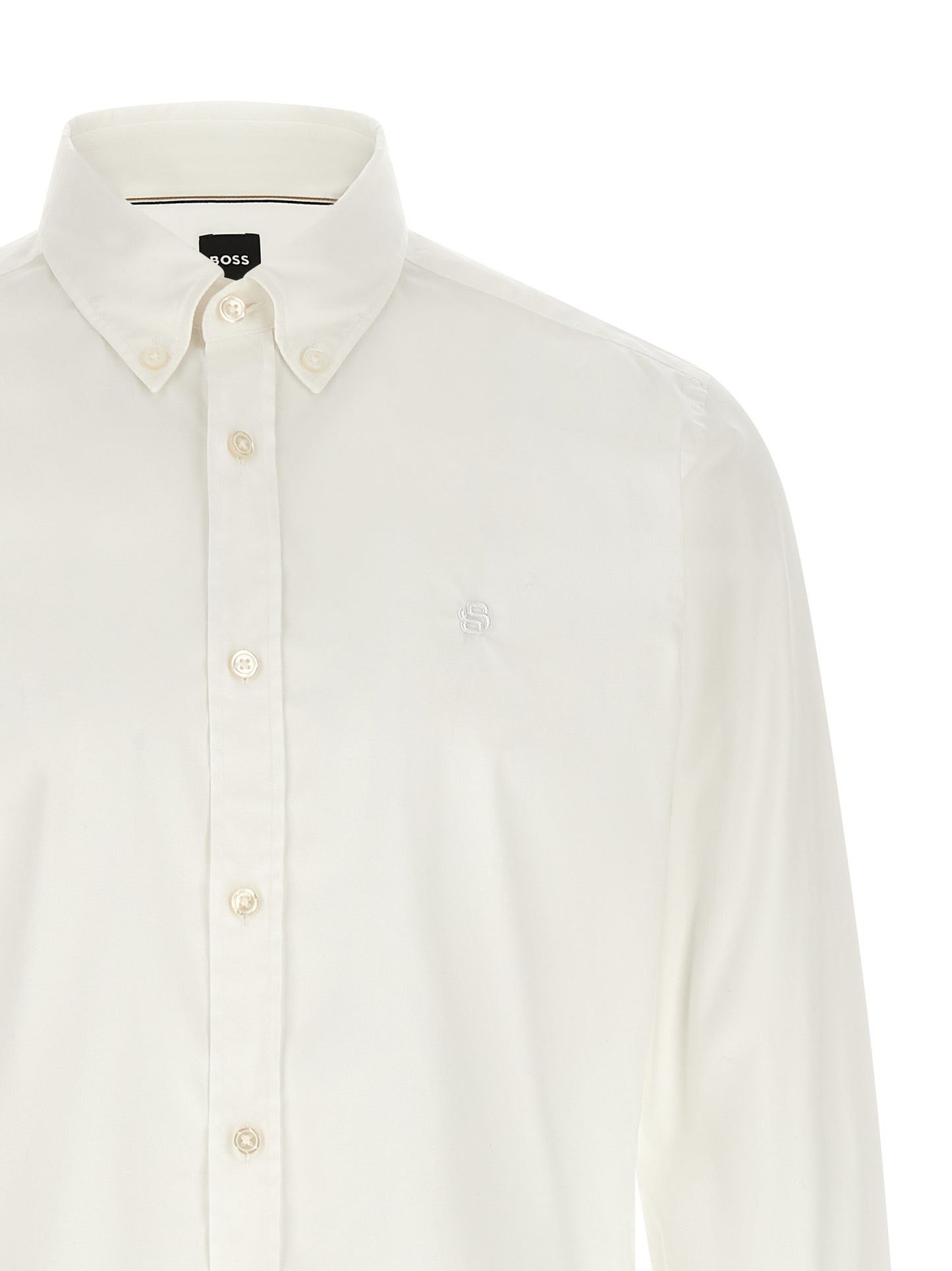 Shirt by Hugo Boss for men in stretch polyamide cotton white showcases a sharp silhouette, elegantly detailed with a sharp button-down-collar neckline and sharp .