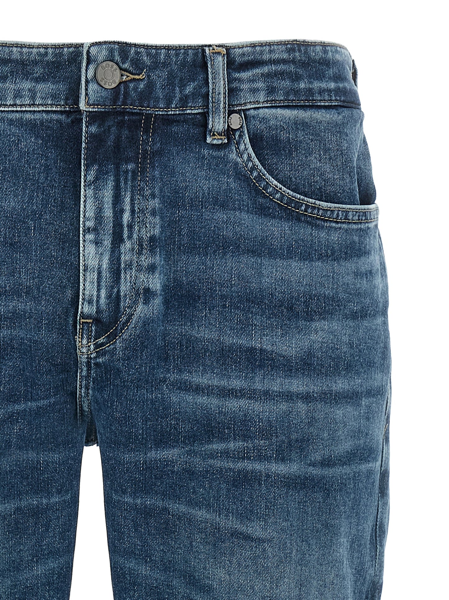 Jeans by Hugo Boss for men in stretch denim cotton blue features an refined tailoring silhouette, showcasing a premium skinny with a and long cut for a refined tailoring look.