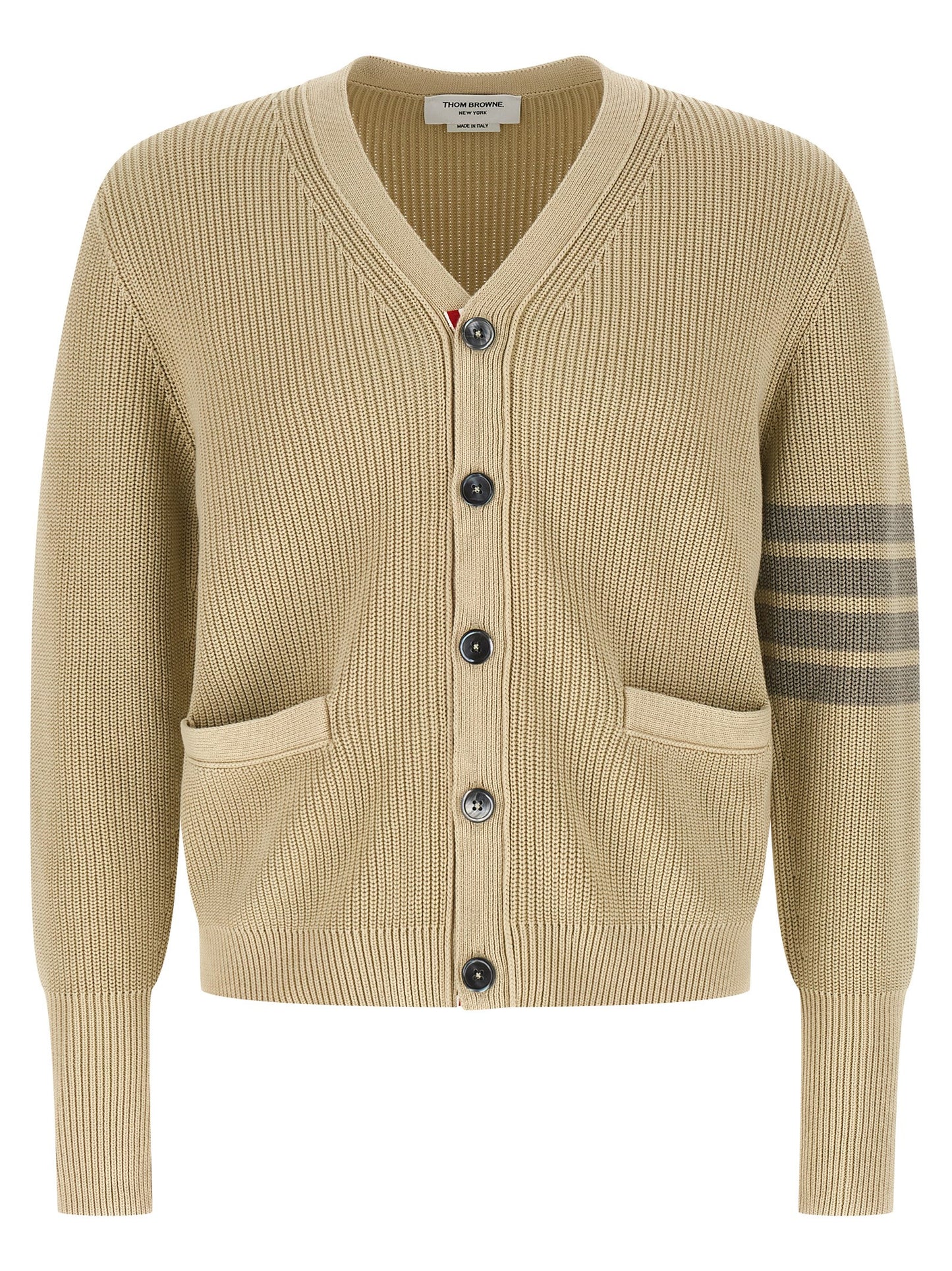 Cardigan by Thom Browne for men in cotton beige & signature features a dramatic silhouette, showcasing a sophisticated v-neck neckline and dramatic detail for a timeless, premium look.
