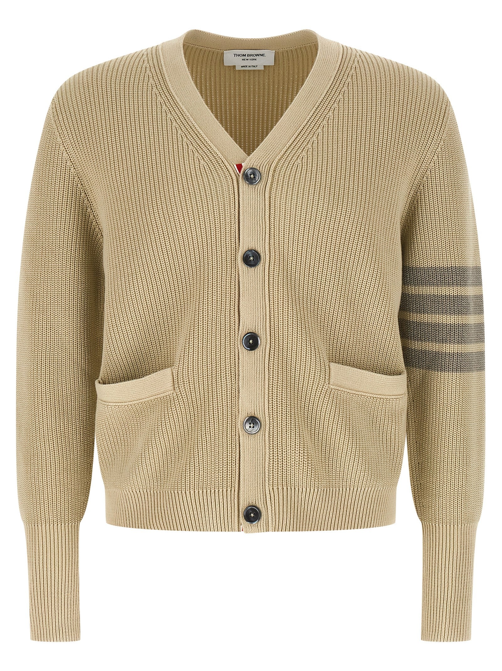 Cardigan by Thom Browne for men in cotton beige & signature features a dramatic silhouette, showcasing a sophisticated v-neck neckline and dramatic detail for a timeless, premium look.
