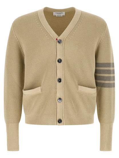 Cardigan by Thom Browne for men in cotton beige & signature features a dramatic silhouette, showcasing a sophisticated v-neck neckline and dramatic detail for a timeless, premium look.