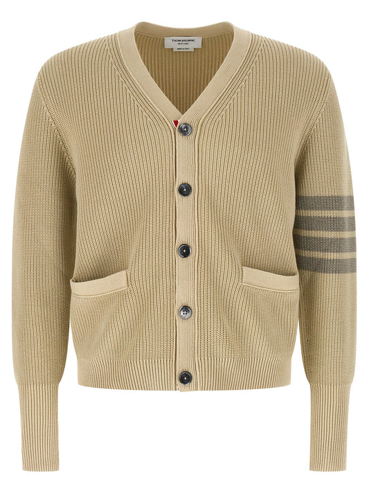 Cardigan by Thom Browne for men in cotton beige & signature features a dramatic silhouette, showcasing a sophisticated v-neck neckline and dramatic detail for a timeless, premium look.