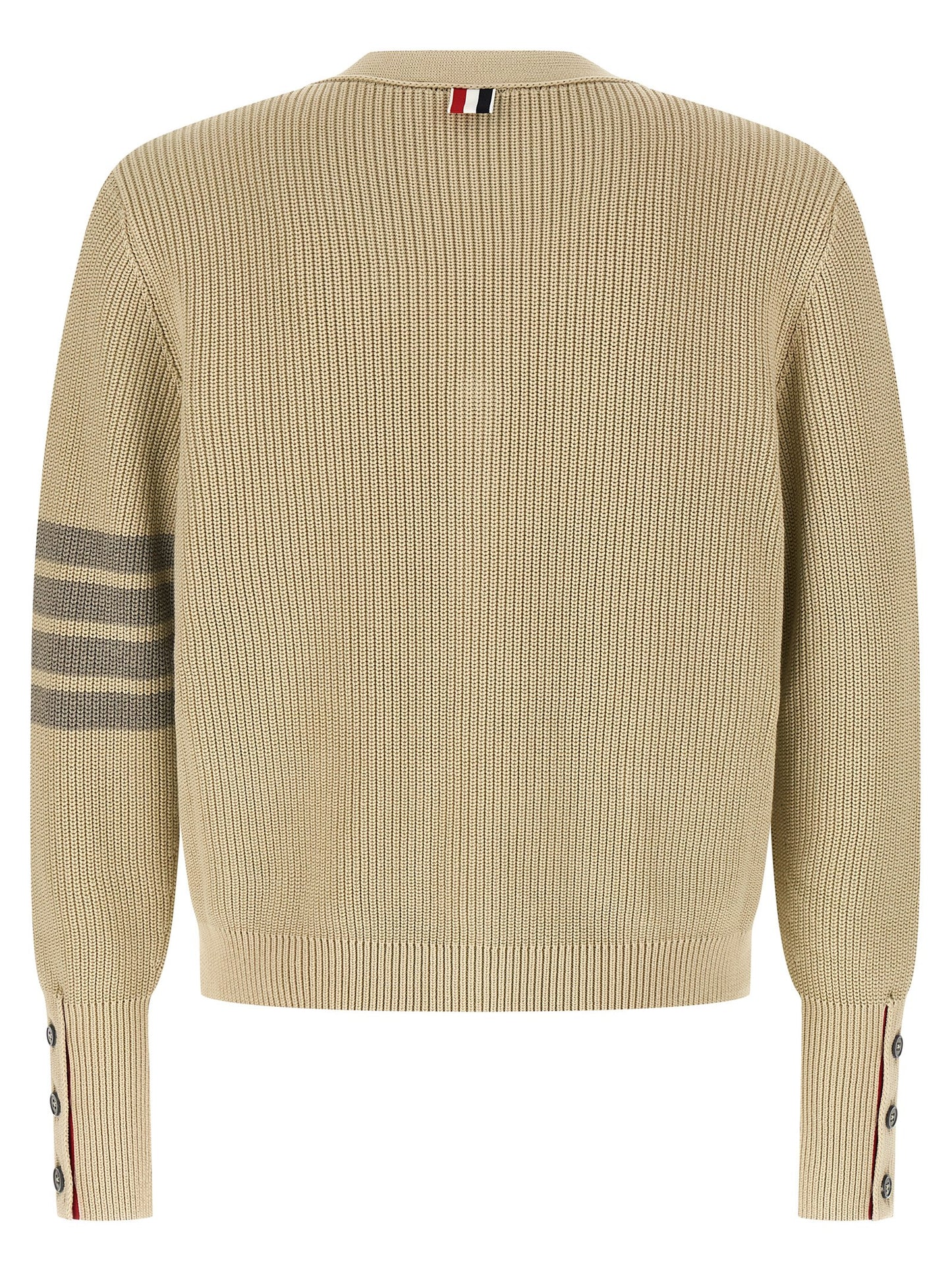 Cardigan by Thom Browne for men in cotton beige & signature features a nuanced silhouette with a refined v-neck neckline and nuanced detailing for a sophisticated look.