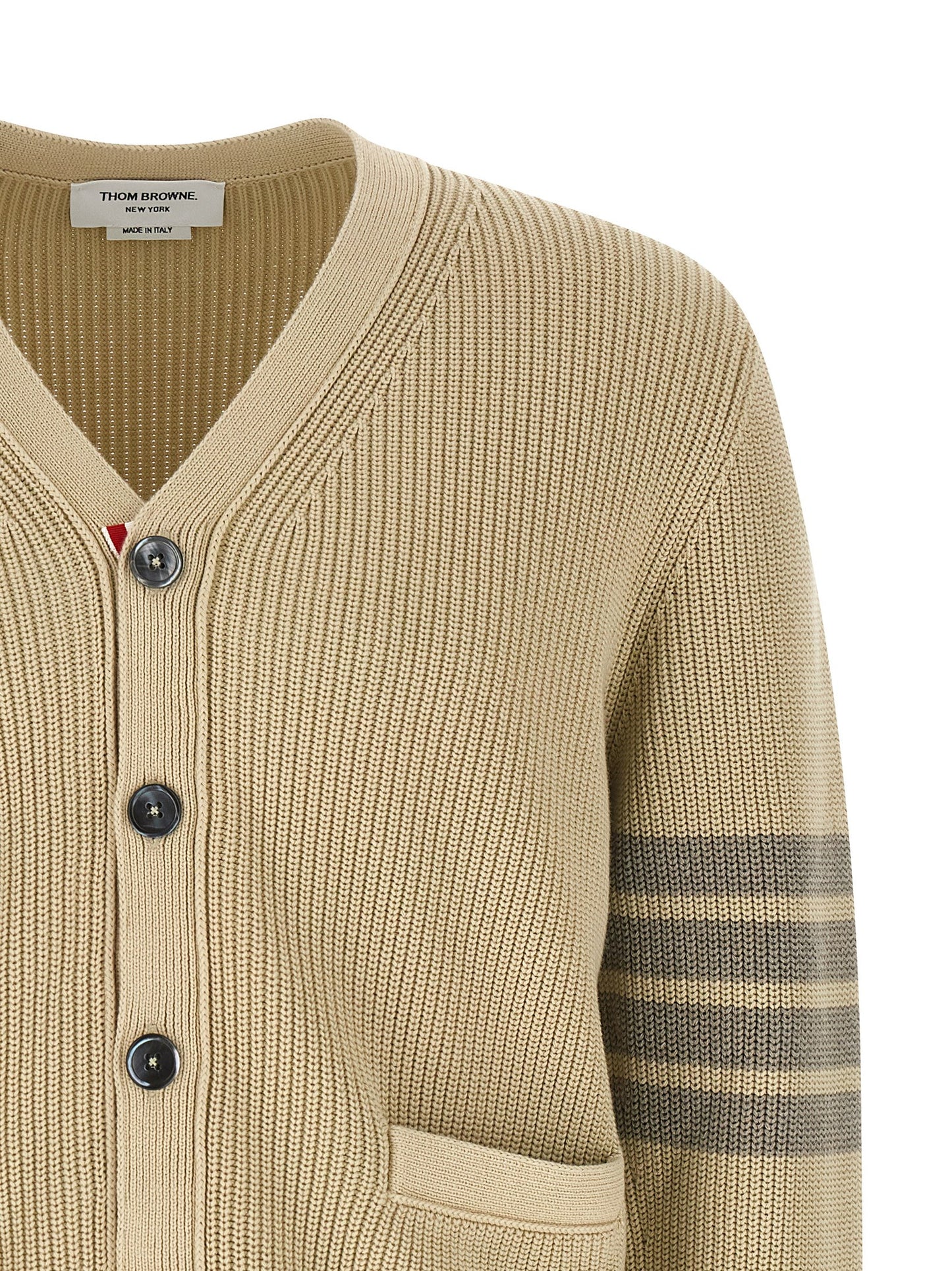 Cardigan by Thom Browne for men in cotton beige & signature showcases a captivating silhouette, artfully detailed with a captivating and v-neck neckline for a truly sophisticated captivating look.