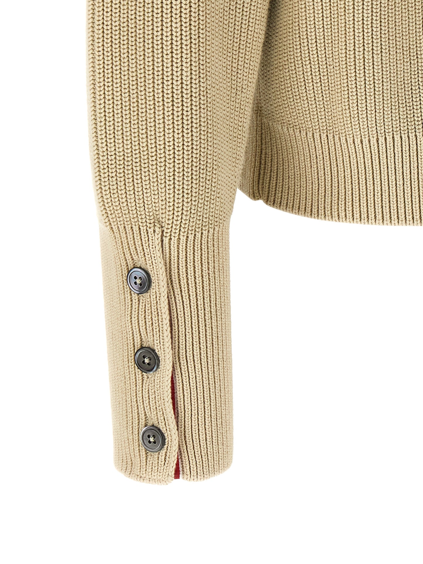 Cardigan by Thom Browne for men in cotton beige & signature features a dramatic silhouette, showcasing a sophisticated and dramatic detail for a timeless, premium look.