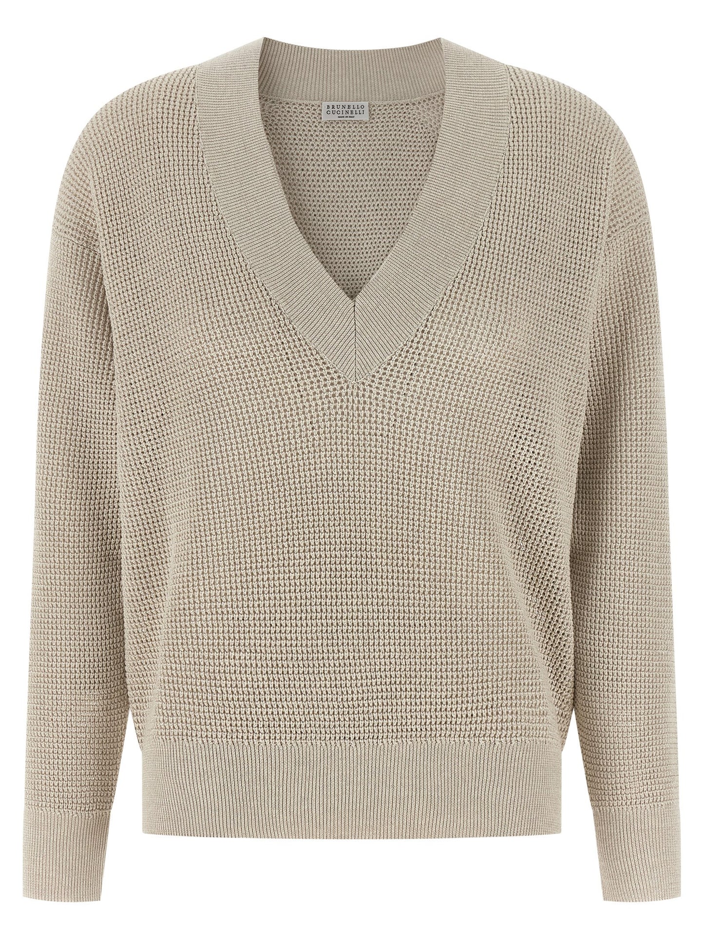 Cardigan by Brunello Cucinelli for women in viscose cotton beige & patterned showcases a captivating silhouette, artfully detailed with a captivating and v-neck neckline for a truly sophisticated captivating look.