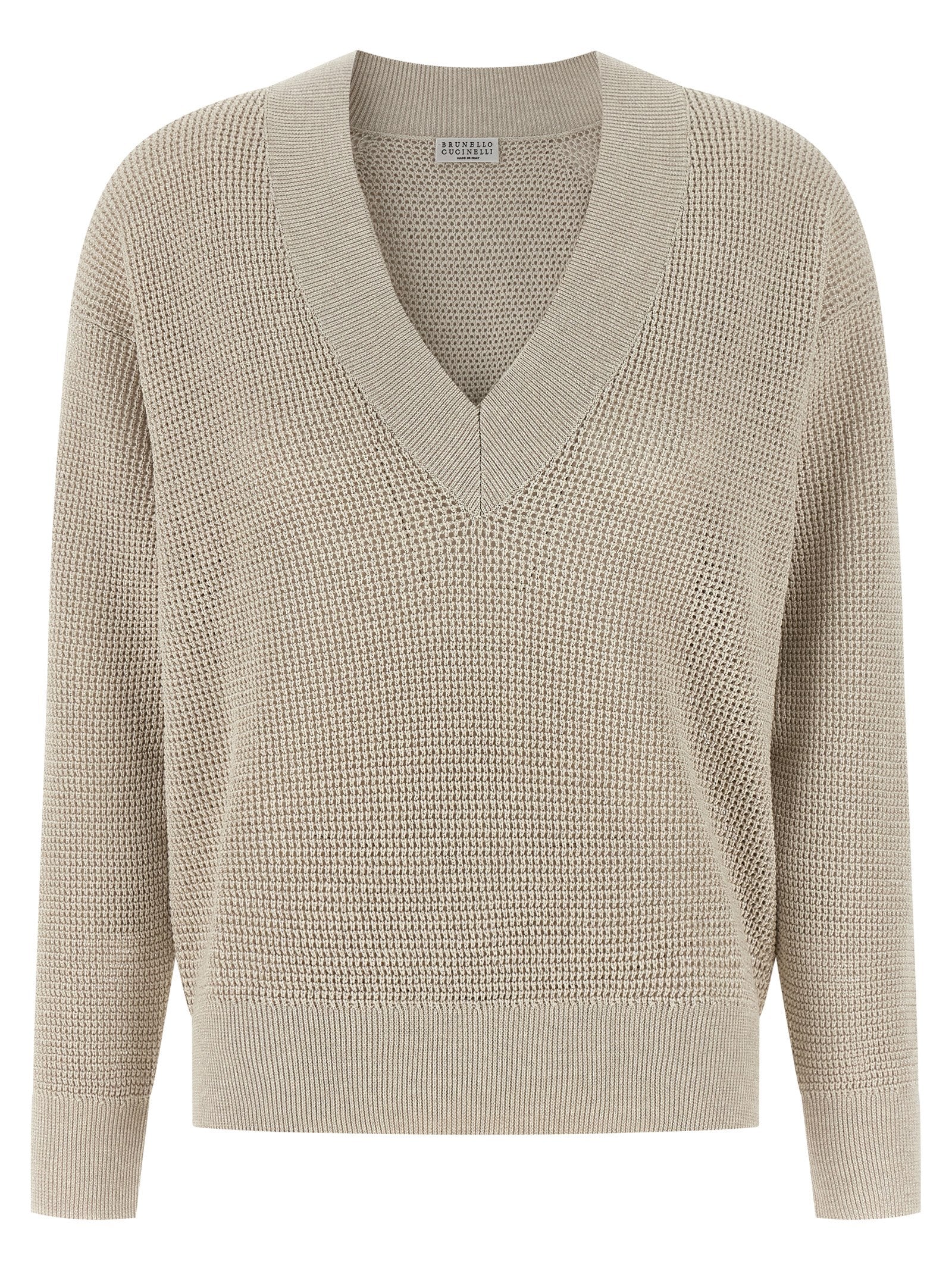Cardigan by Brunello Cucinelli for women in viscose cotton beige & patterned showcases a captivating silhouette, artfully detailed with a captivating and v-neck neckline for a truly sophisticated captivating look.
