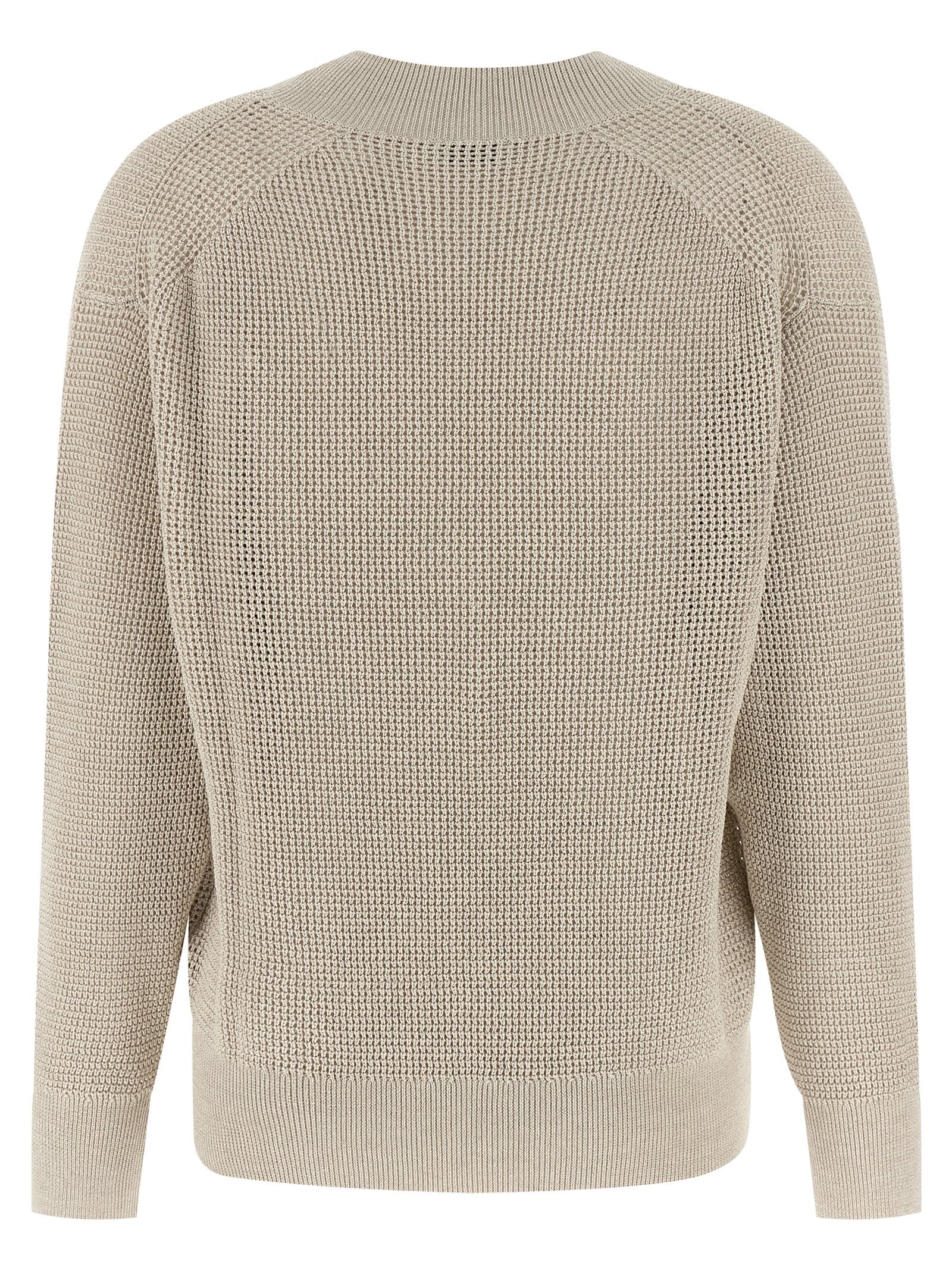 Cardigan by Brunello Cucinelli for women in viscose cotton beige & patterned features a nuanced silhouette with a refined v-neck neckline and nuanced detailing for a sophisticated look.