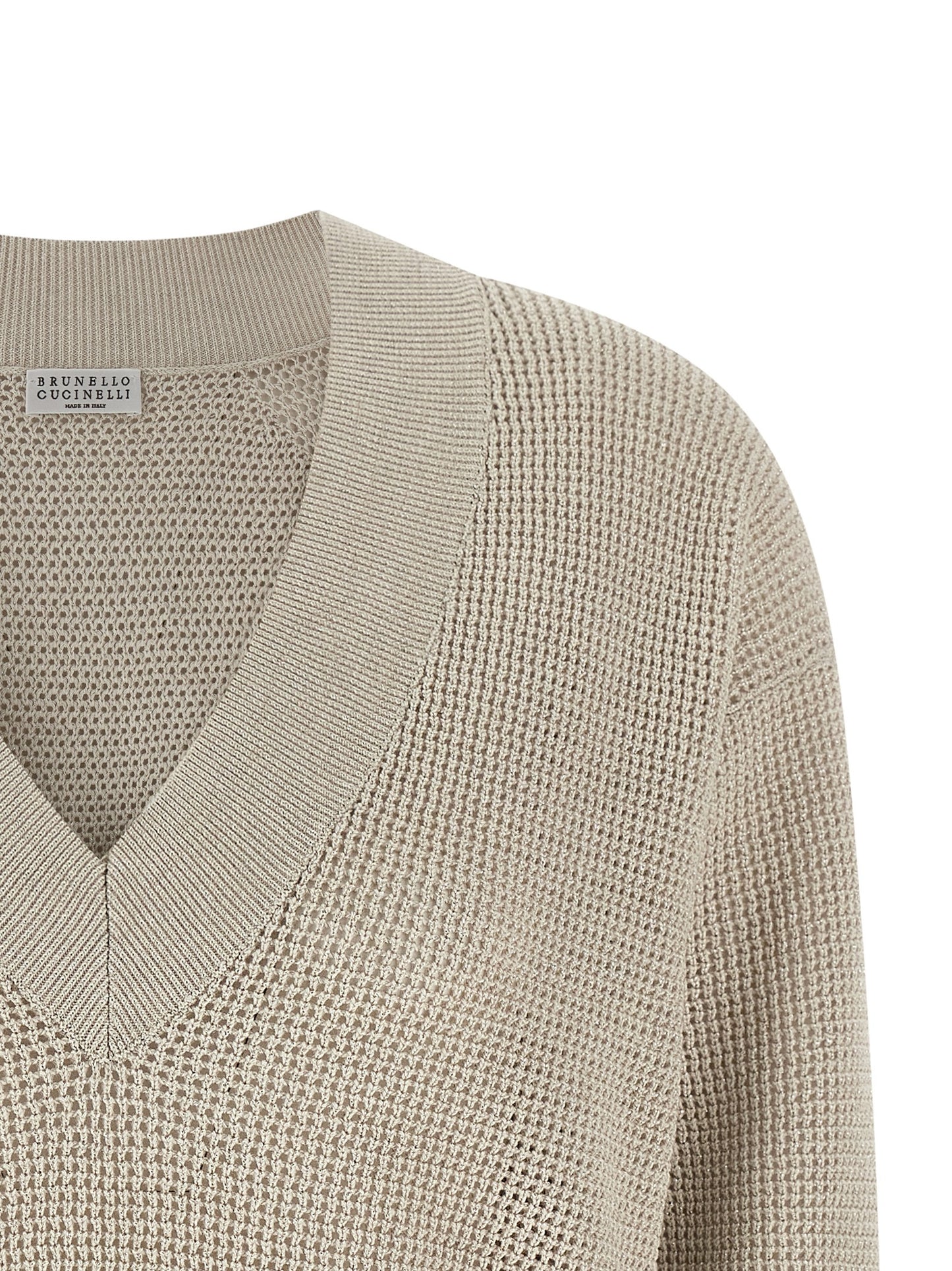 Cardigan by Brunello Cucinelli for women in viscose cotton beige & patterned features an impeccable silhouette, showcasing a sophisticated v-neck neckline and detail for a truly impeccable finish.