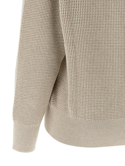 Cardigan by Brunello Cucinelli for women in viscose cotton beige & patterned showcases a luxurious silhouette, meticulously detailed with a sophisticated and for a refined finish.