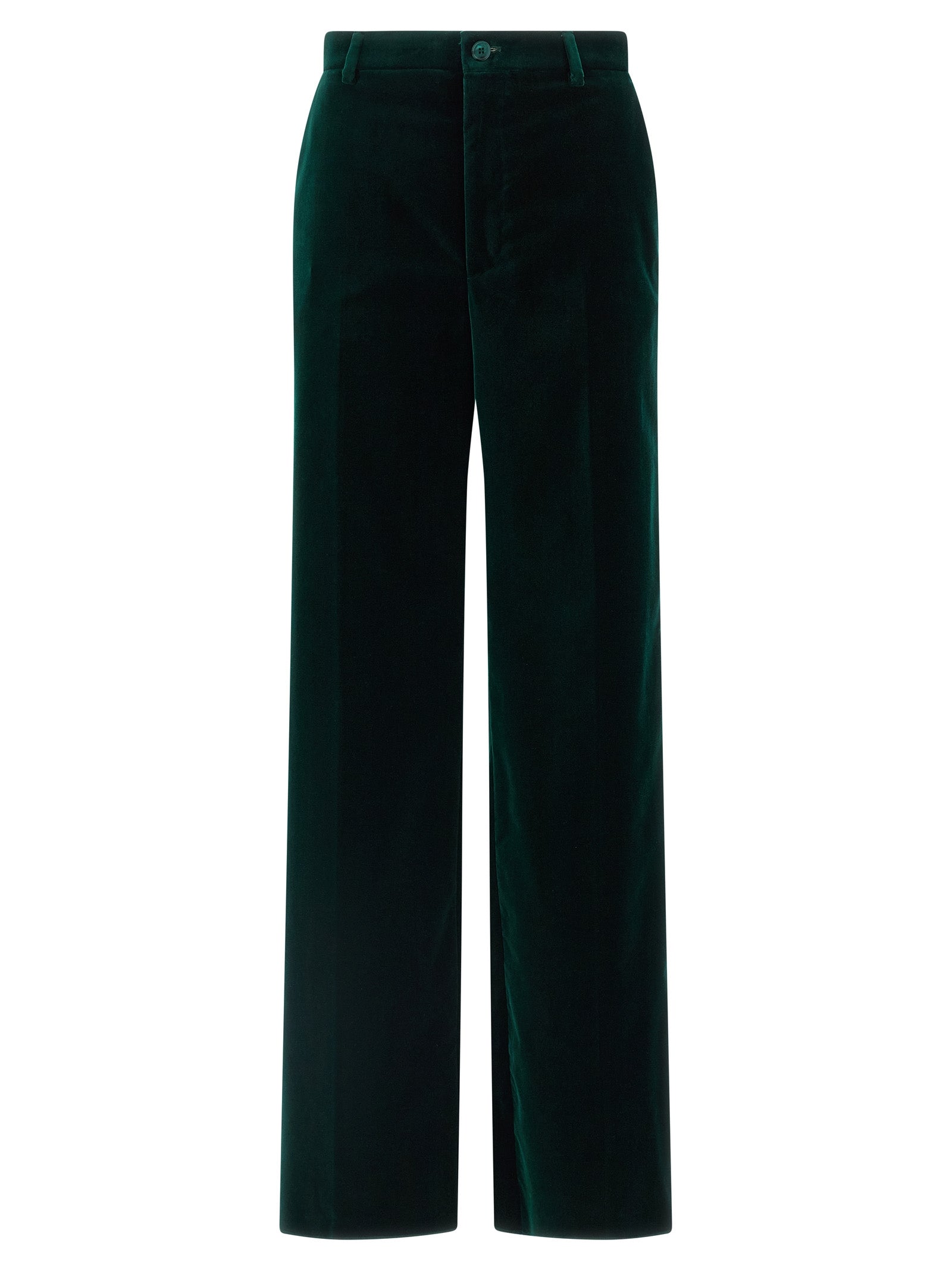 Trousers by Gucci for women in velvet cotton bicolour & green features a artisanal silhouette, showcasing a sophisticated straight-leg & flared with a long and for a artisanal finish.