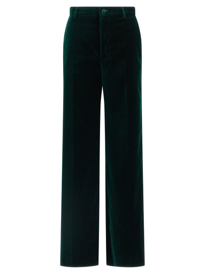 Trousers by Gucci for women in velvet cotton bicolour & green features a artisanal silhouette, showcasing a sophisticated straight-leg & flared with a long and for a artisanal finish.