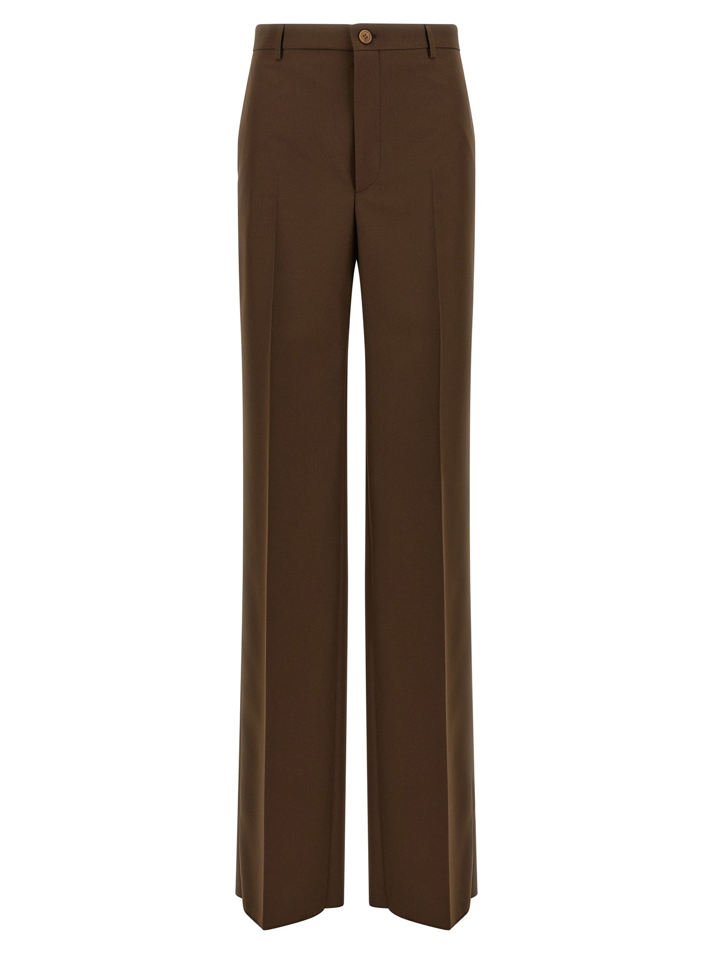 Trousers by Gucci for women in polyester brown presents a smart silhouette, meticulously detailed with a smart straight-leg & wide, a smart long, and a smart mid rise.