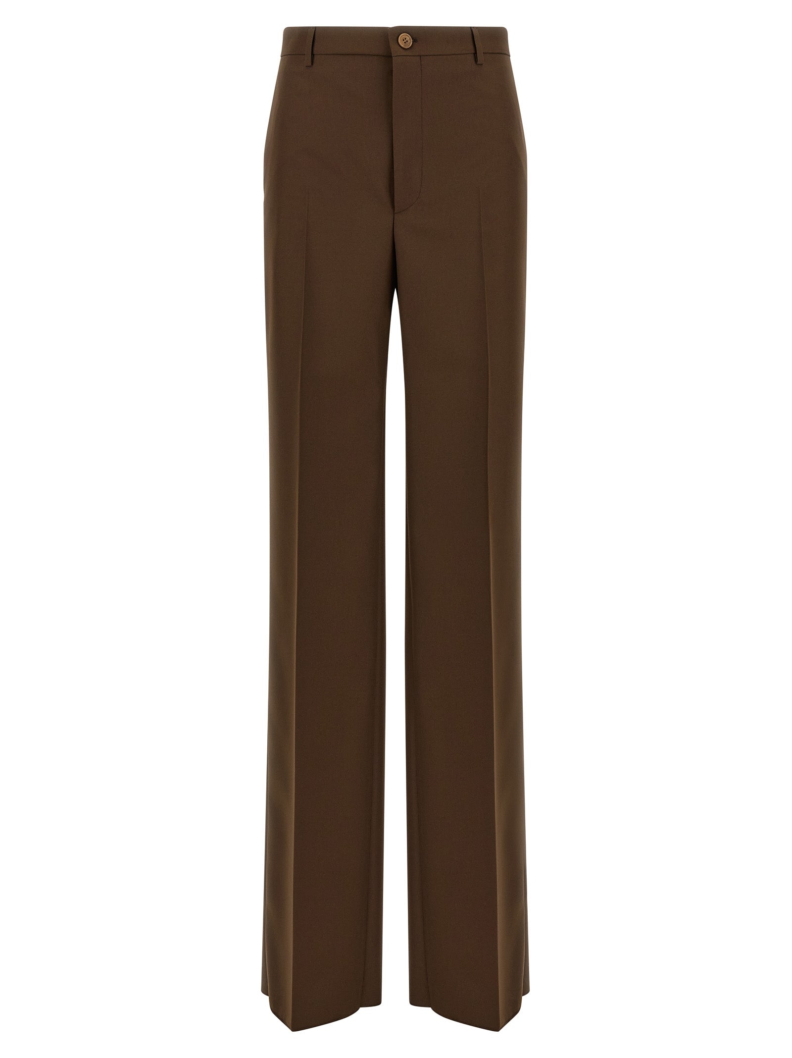 Trousers by Gucci for women in polyester brown presents a smart silhouette, meticulously detailed with a smart straight-leg & wide, a smart long, and a smart mid rise.