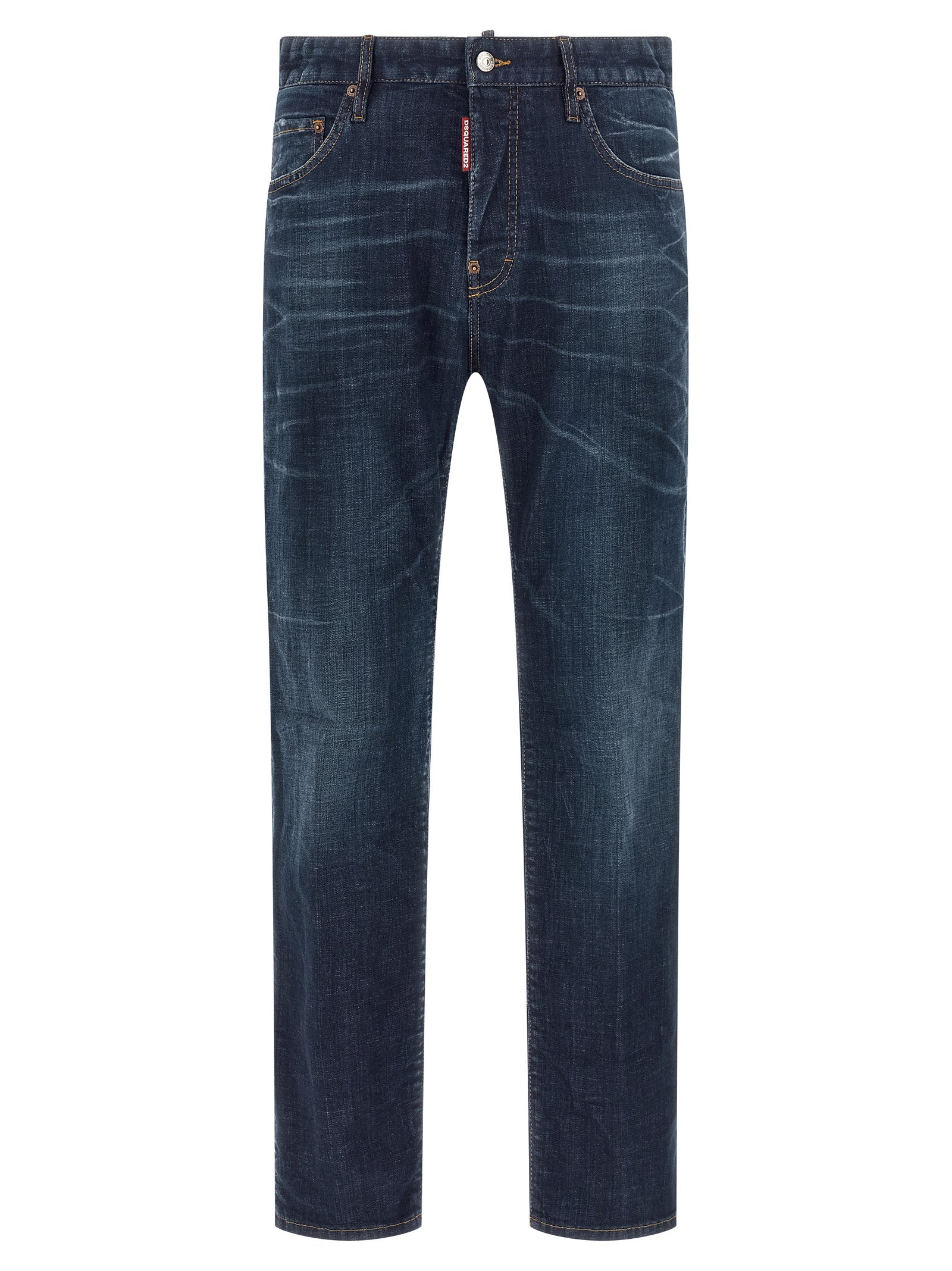 Jeans by Dsquared² for men in stretch denim cotton blue & signature features a polished silhouette with a polished straight-leg, reaching a polished long and finished with a polished .