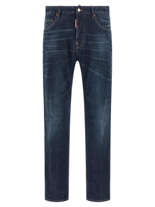 Jeans by Dsquared² for men in stretch denim cotton blue & signature features a polished silhouette with a polished straight-leg, reaching a polished long and finished with a polished .