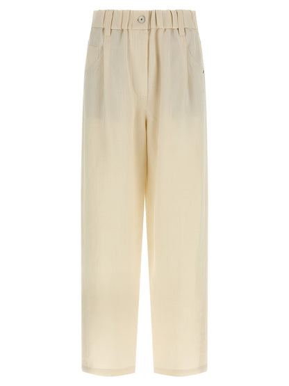 Casual Pants by Brunello Cucinelli for women in linen & viscose white & signature features a polished silhouette with a polished , reaching a polished long and finished with a polished .
