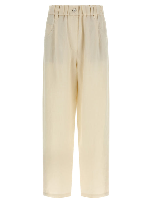 Casual Pants by Brunello Cucinelli for women in linen & viscose white & signature features a polished silhouette with a polished , reaching a polished long and finished with a polished .
