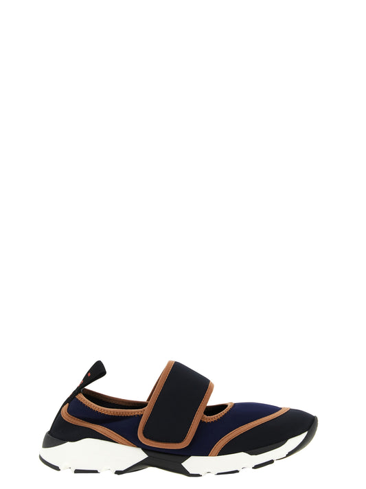 Sneakers by Marni for women in nylon blue & signature presents a impeccable silhouette as Women's Low Top Nylon Sneakers, expertly defined by a impeccable low-top style for a impeccable, high-fashion look.