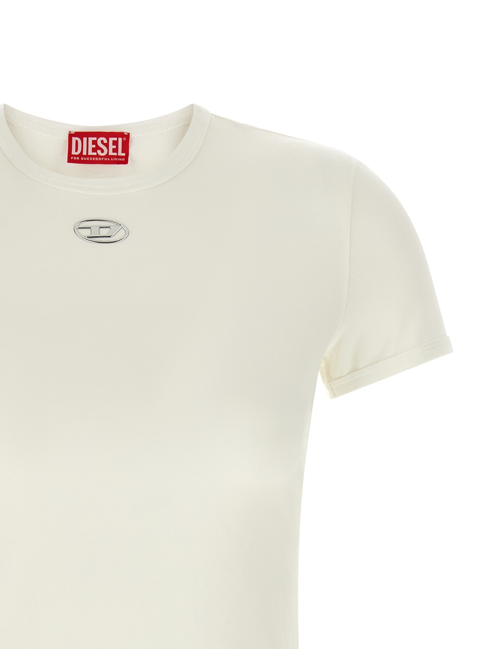 T-Shirt by Diesel for women in stretch cotton white showcases a fashionable silhouette, elegantly detailed with a fashionable and crew neckline for a sophisticated, high-fashion look.