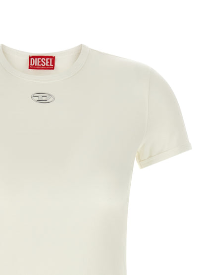T-Shirt by Diesel for women in stretch cotton white showcases a fashionable silhouette, elegantly detailed with a fashionable and crew neckline for a sophisticated, high-fashion look.