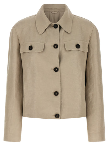 Blazer by Brunello Cucinelli for women in linen & denim beige features an stylish silhouette, showcasing a sophisticated shirt-collar neckline and stylish for a truly stylish finish.