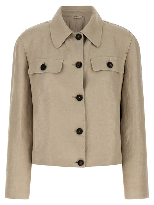 Blazer by Brunello Cucinelli for women in linen & denim beige features an stylish silhouette, showcasing a sophisticated shirt-collar neckline and stylish for a truly stylish finish.