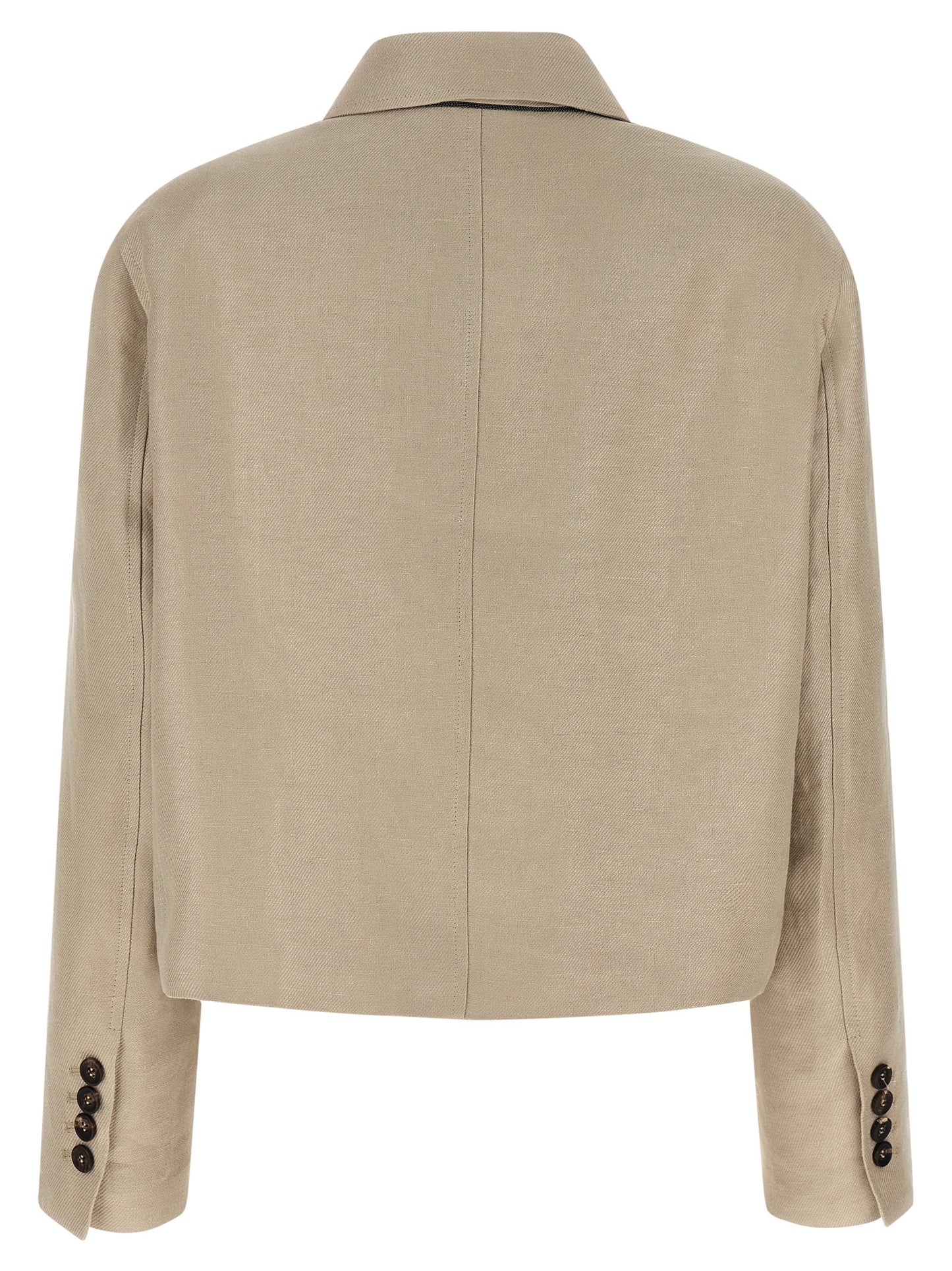 Blazer by Brunello Cucinelli for women in linen & denim beige features an sartorial silhouette, showcasing a sophisticated shirt-collar neckline and sartorial for a truly sartorial finish.