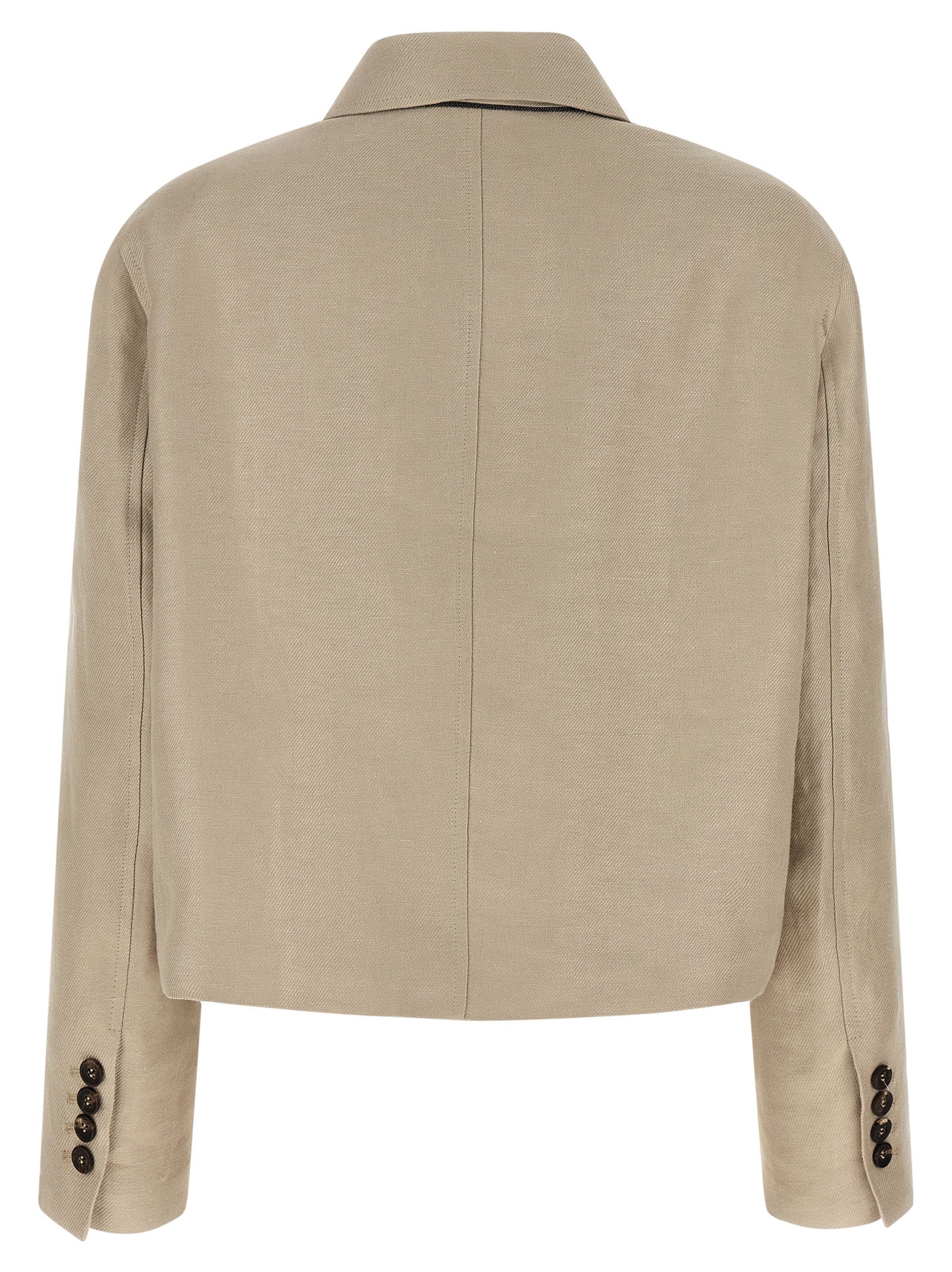 Blazer by Brunello Cucinelli for women in linen & denim beige features an sartorial silhouette, showcasing a sophisticated shirt-collar neckline and sartorial for a truly sartorial finish.