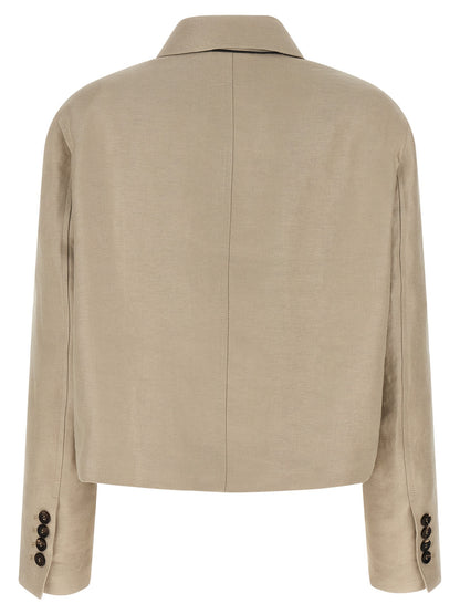 Blazer by Brunello Cucinelli for women in linen & denim beige features an sartorial silhouette, showcasing a sophisticated shirt-collar neckline and sartorial for a truly sartorial finish.