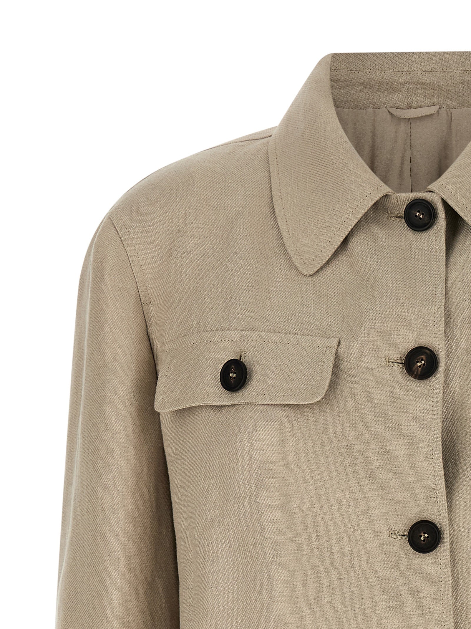 Blazer by Brunello Cucinelli for women in linen & denim beige showcases a discerning silhouette, elegantly detailed with a sophisticated shirt-collar neckline and premium for a truly discerning finish.