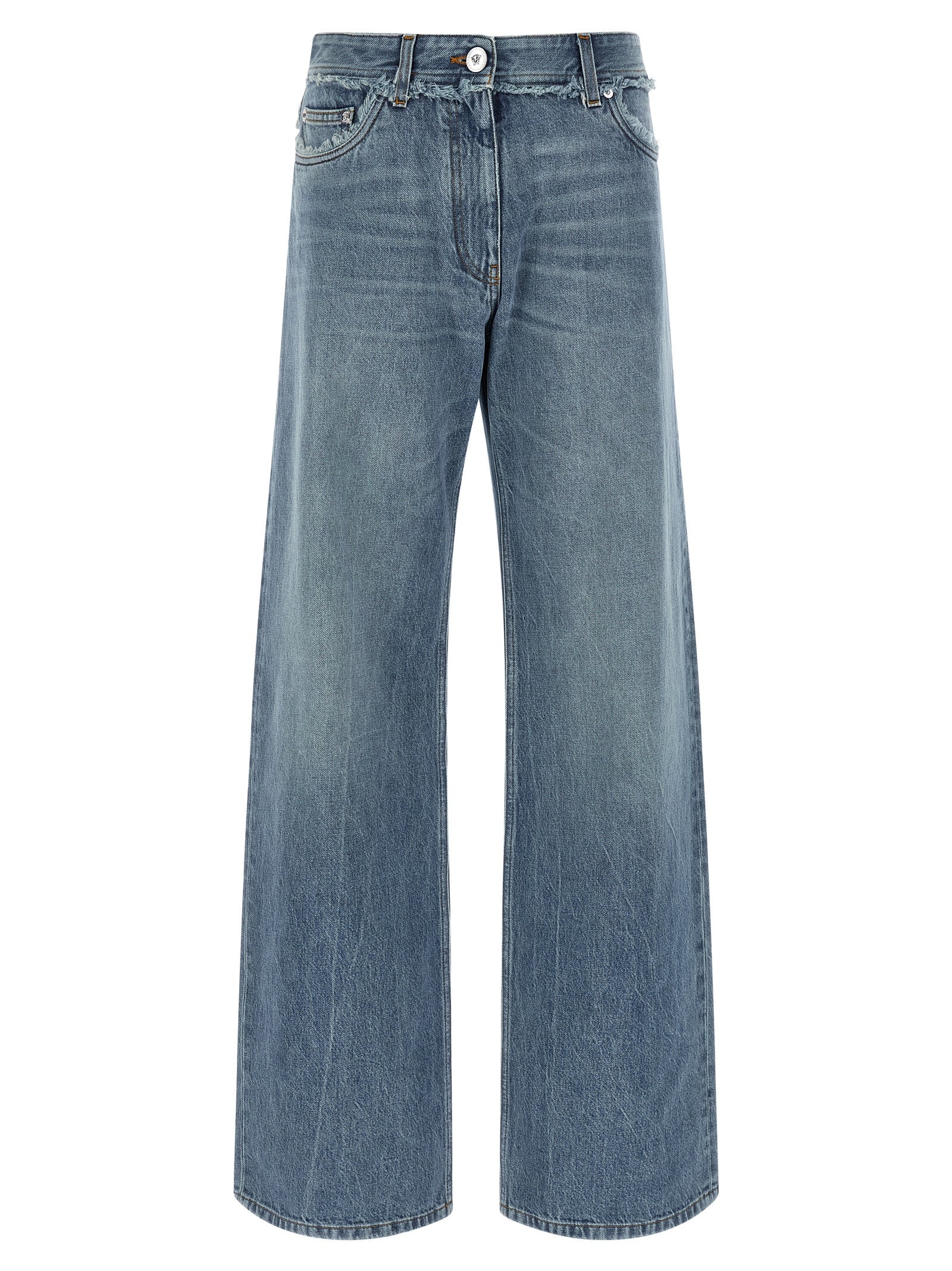 Jeans by Versace for women in cotton denim blue & signature features an sophisticated low rise and relaxed-fit, wide & boyfriend with a precise long, creating a sophisticated and sophisticated silhouette.