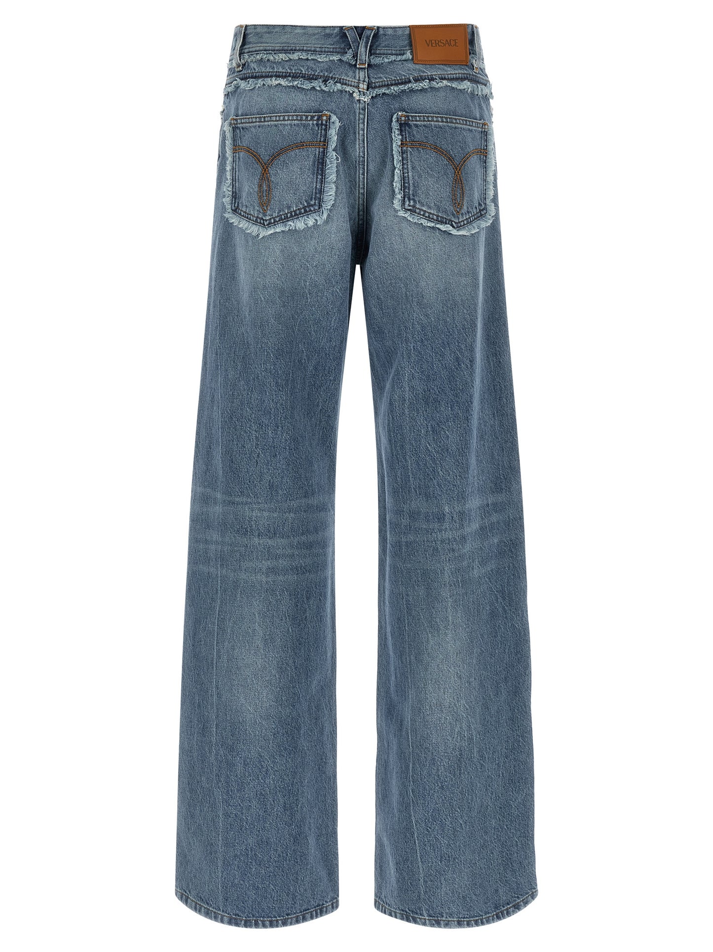 Jeans by Versace for women in cotton denim blue & signature features a refined silhouette with a refined relaxed-fit, wide & boyfriend, defined by a low rise and a refined long for a refined finish.