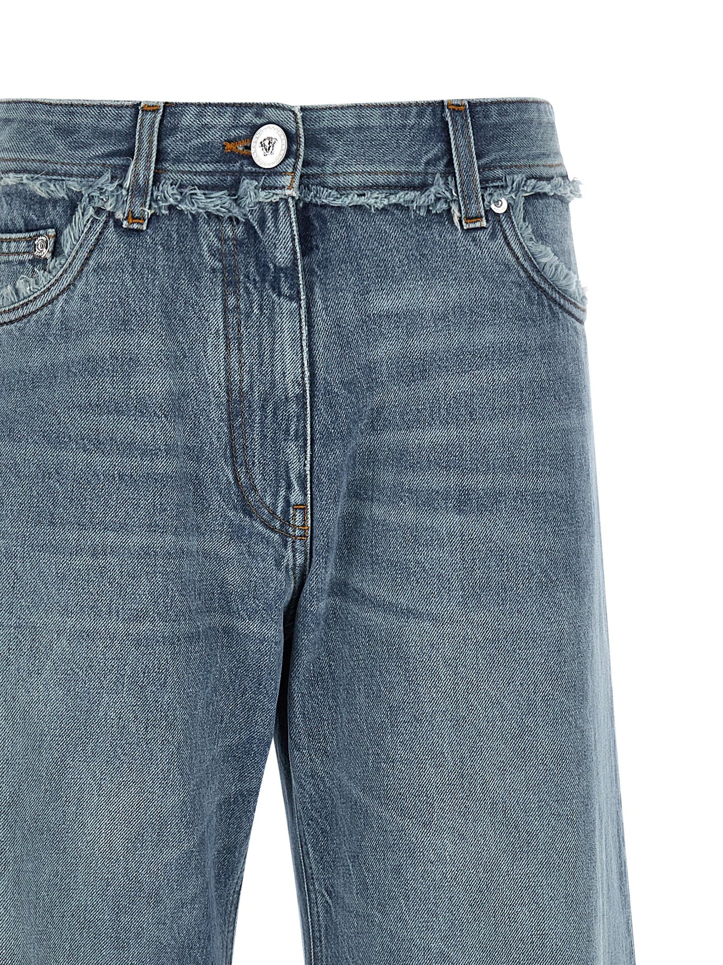 Jeans by Versace for women in cotton denim blue & signature features a polished silhouette with a polished relaxed-fit, wide & boyfriend, reaching a polished long and finished with a polished low rise.
