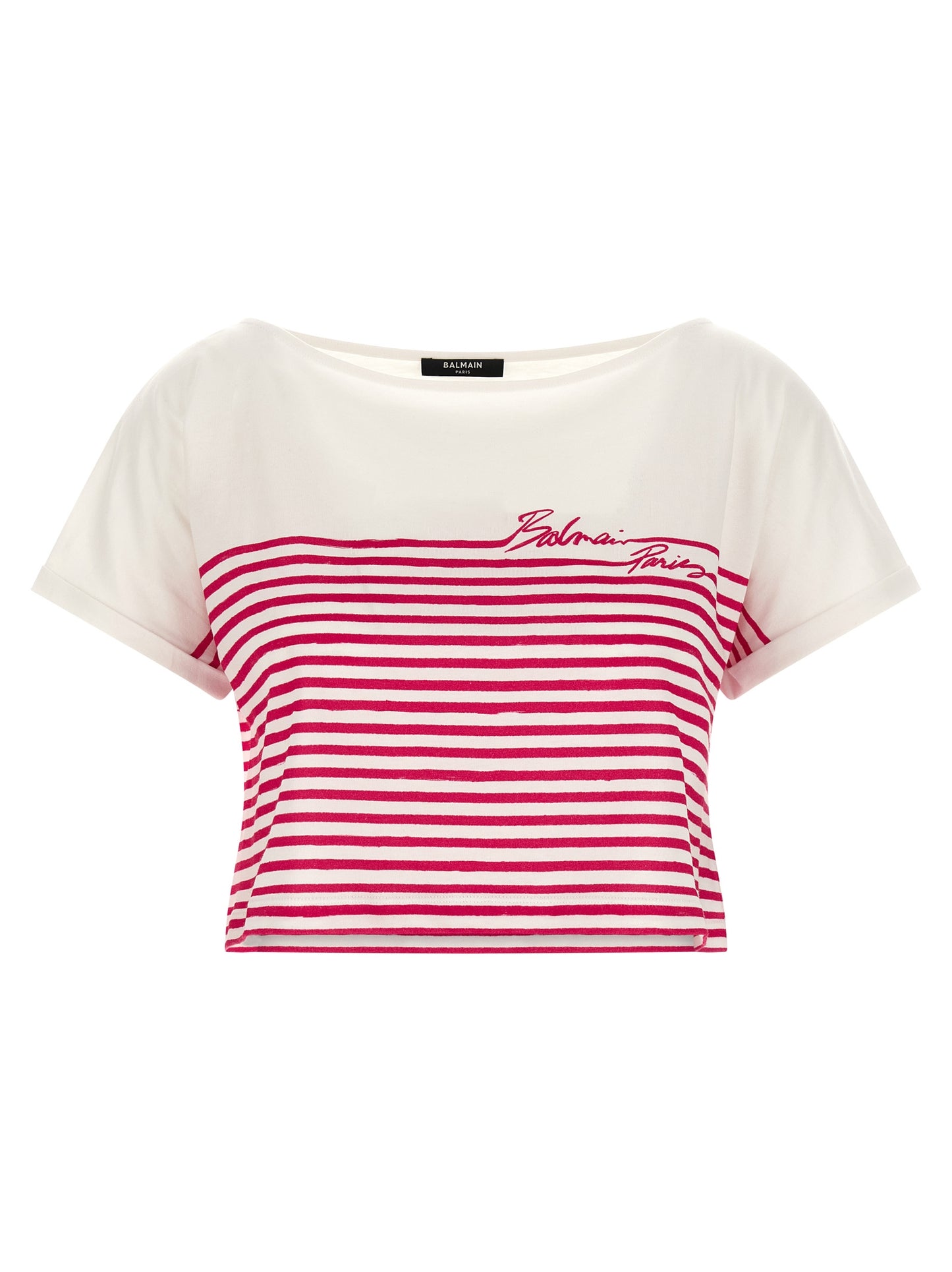 T-Shirt by Balmain for women in cotton fuchsia showcases a dramatic silhouette, elegantly detailed with a dramatic boat neckline and for a truly dramatic finish.
