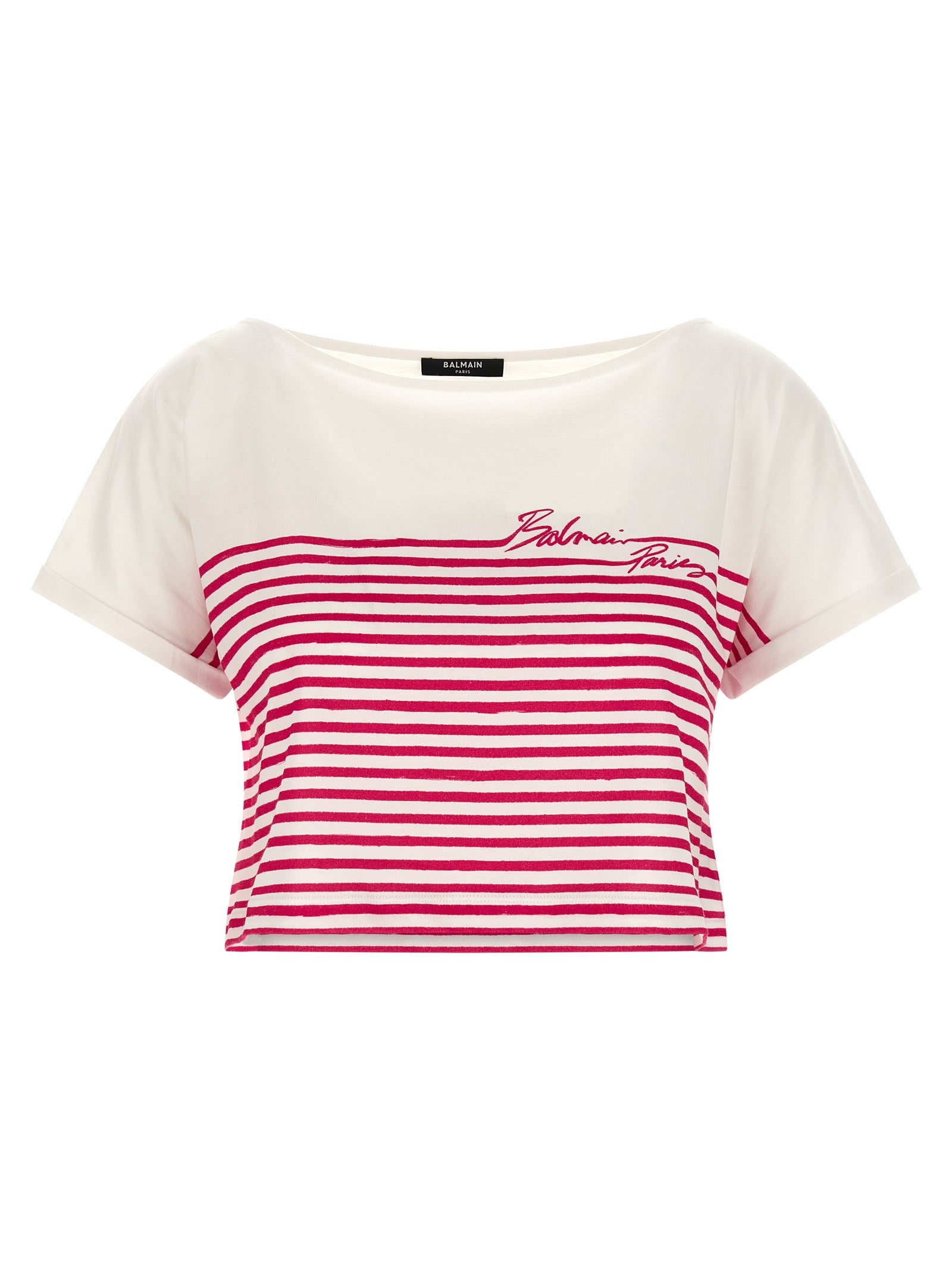 T-Shirt by Balmain for women in cotton fuchsia showcases a dramatic silhouette, elegantly detailed with a dramatic boat neckline and for a truly dramatic finish.