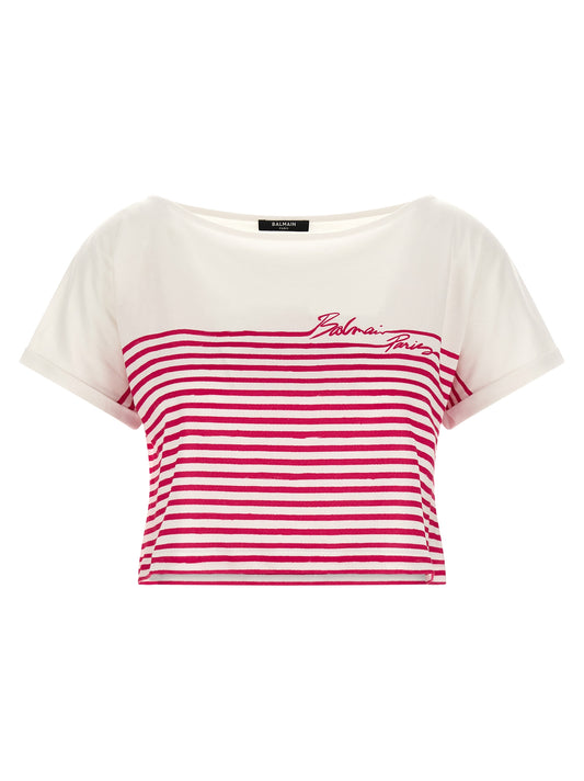 T-Shirt by Balmain for women in cotton fuchsia showcases a dramatic silhouette, elegantly detailed with a dramatic boat neckline and for a truly dramatic finish.