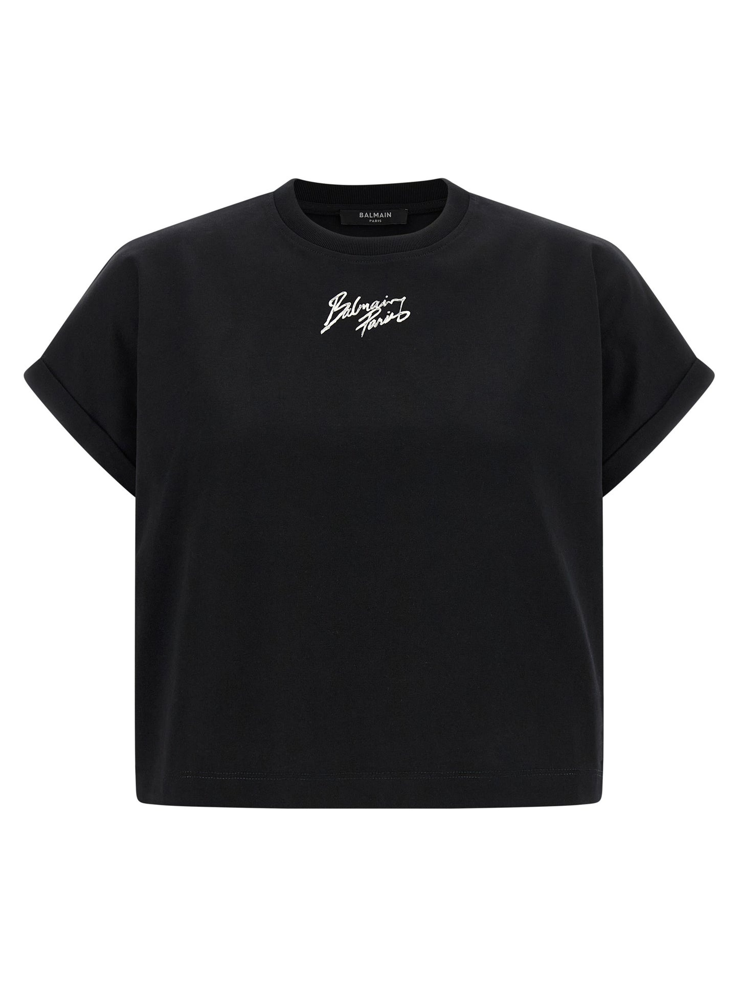 T-Shirt by Balmain for women in cotton black & print showcases a unassuming silhouette, artfully detailed with a refined and unassuming short-sleeve for a sophisticated, contemporary look.