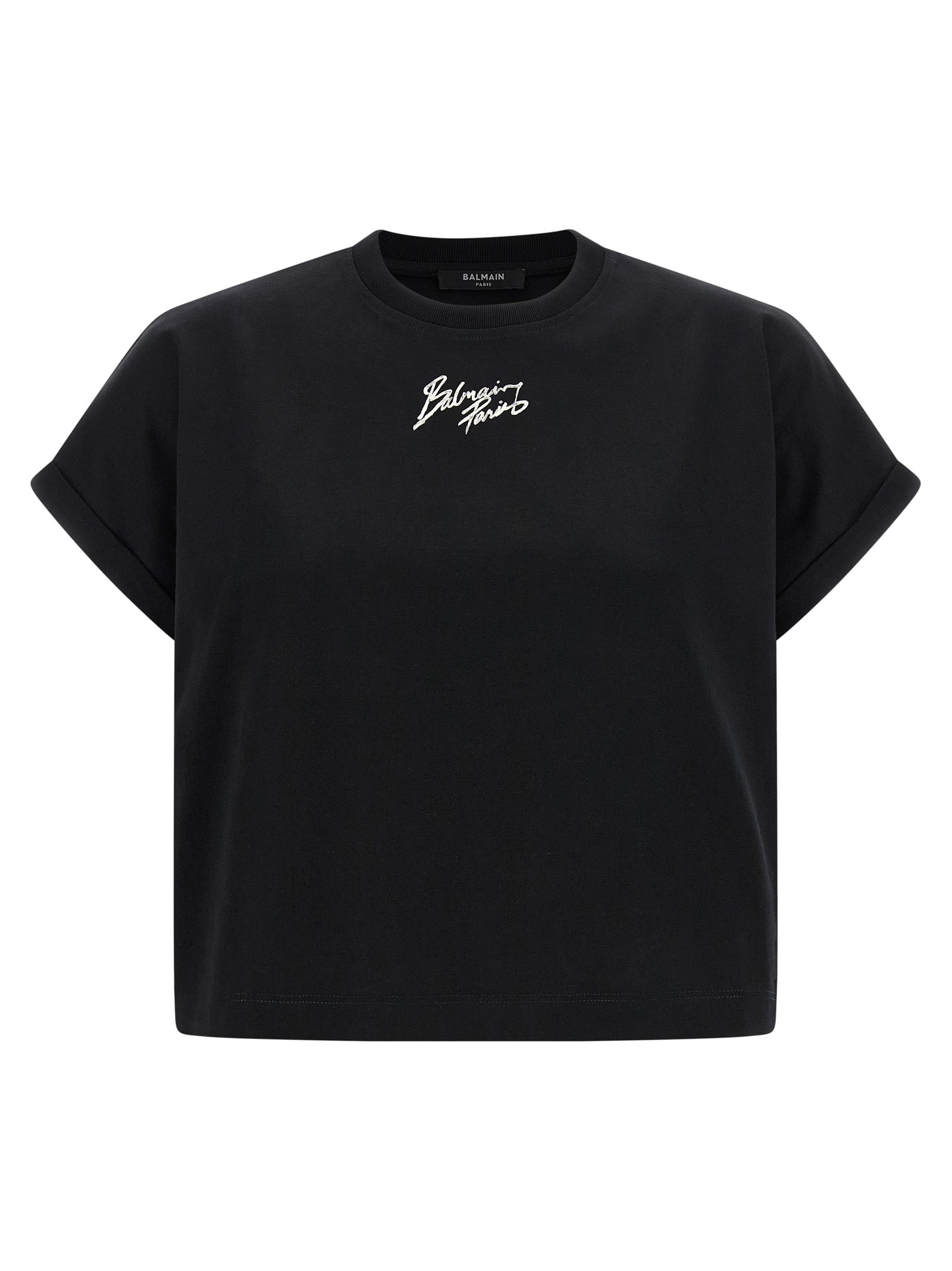 T-Shirt by Balmain for women in cotton black & print showcases a unassuming silhouette, artfully detailed with a refined and unassuming short-sleeve for a sophisticated, contemporary look.